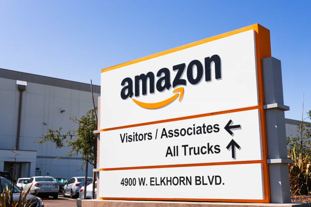 An Amazon Fulfillment Center and Warehouse sign board.